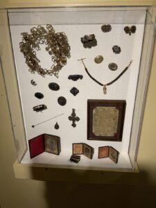 Memorial “Hair” Jewelry case found on the ground floor of the museum.  Jewelry made from human hair were given as remembrances during the Victorian Era.
